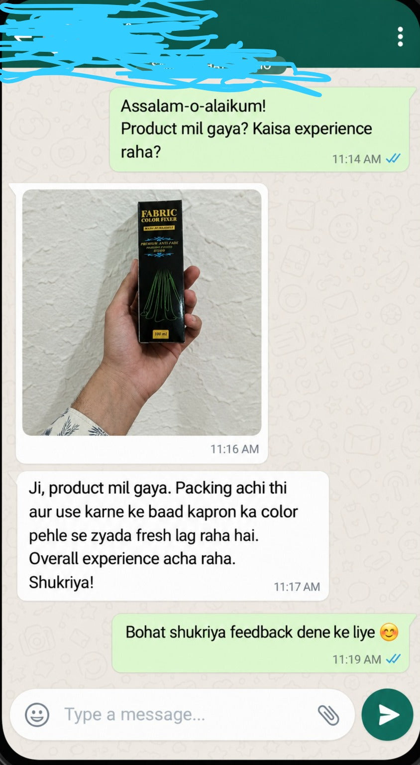 Customer WhatsApp review screenshot