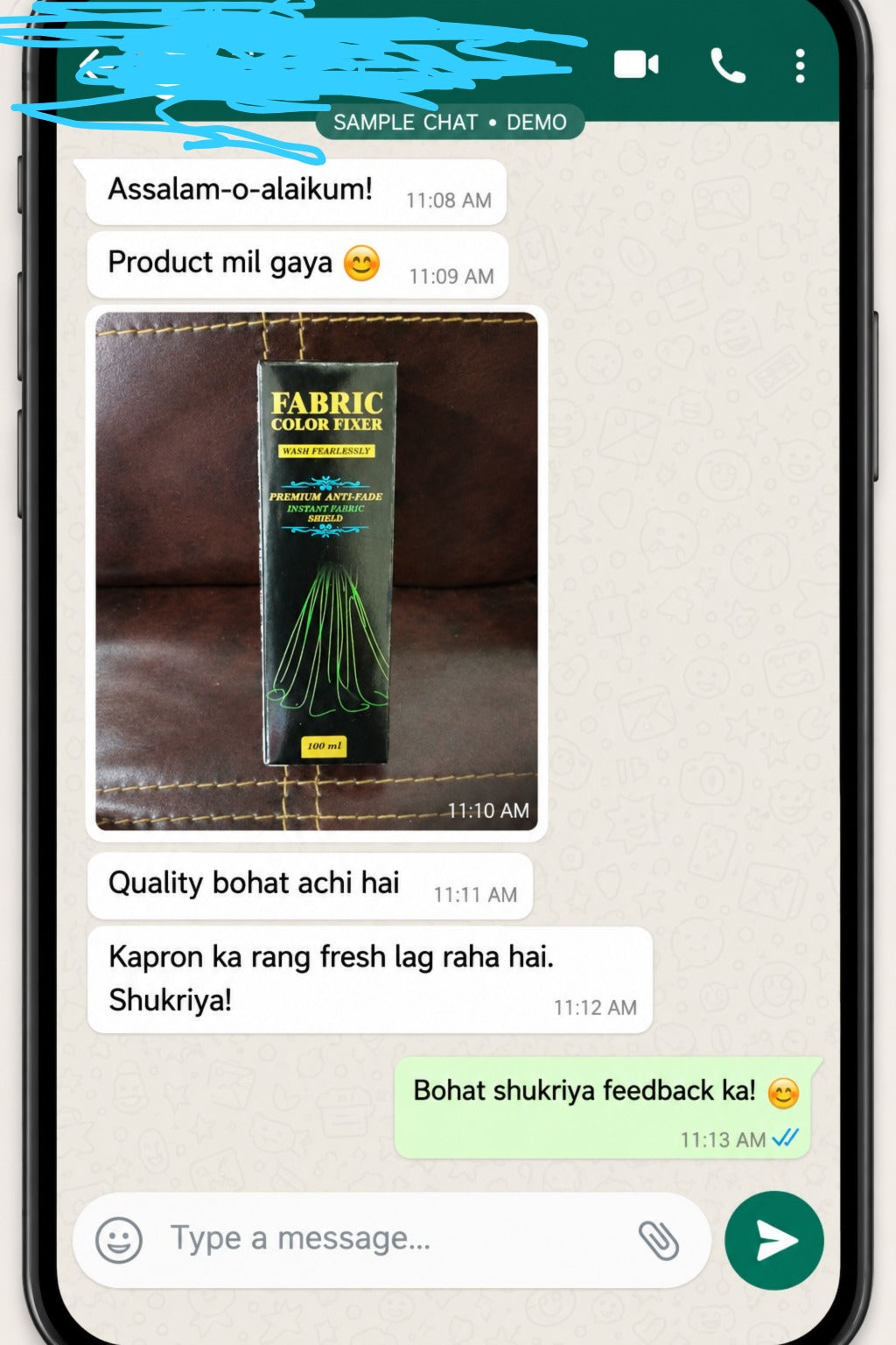 Customer WhatsApp review screenshot