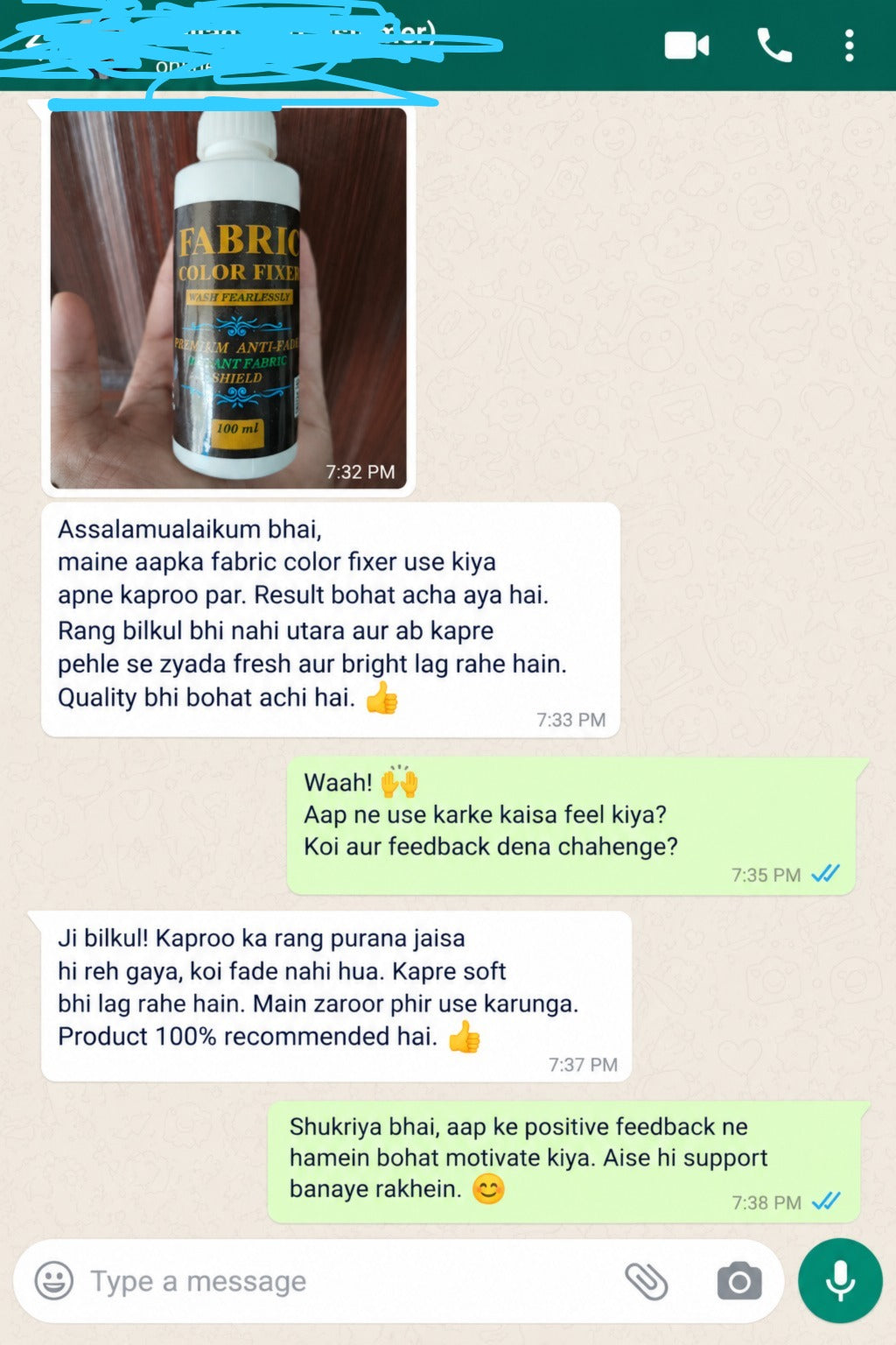 Customer WhatsApp review screenshot