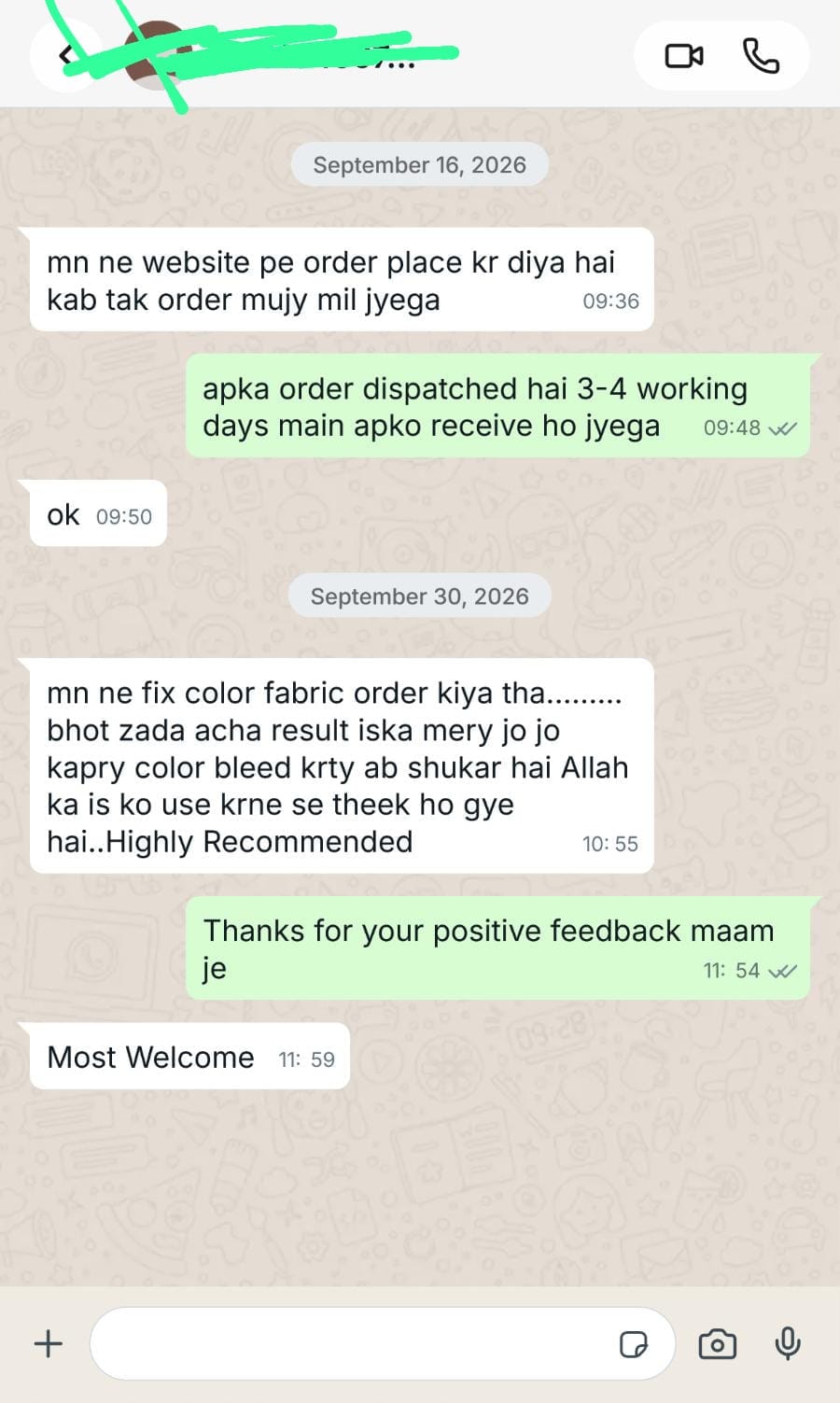 Customer WhatsApp review screenshot